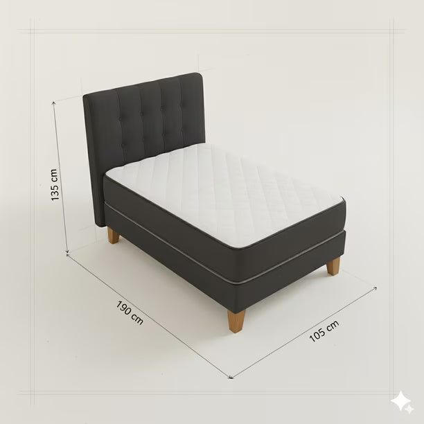 Cama 1,5 Plazas Base Europea + Colchón 25cm + Respaldo Tapizado