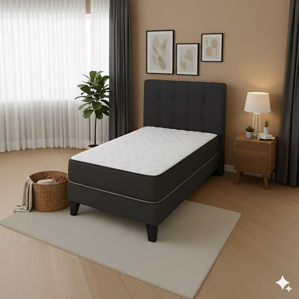 Cama 1 Plazas Base Europea + Colchón 24 cm Resortes Bonnell + Respaldo Tapizado