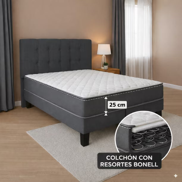 Cama 2 Plazas Completa | Base Europea + Colchón 24 cm + Respaldo Tapizado