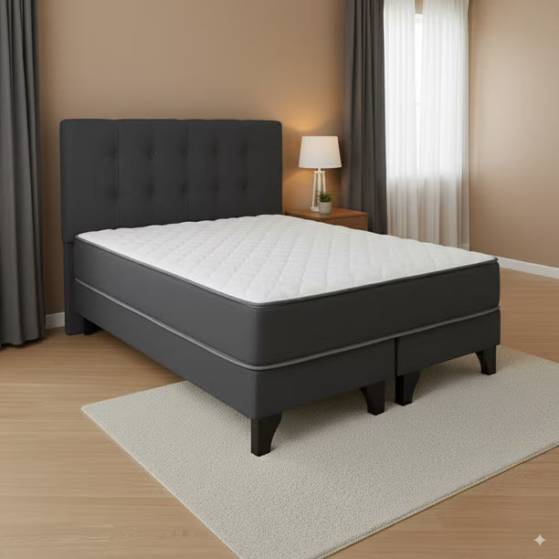 Cama 2 Plazas Completa | Base Europea + Colchón 24 cm + Respaldo Tapizado