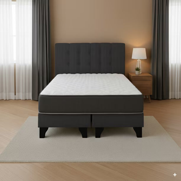 Cama 2 Plazas Completa | Base Europea + Colchón 24 cm + Respaldo Tapizado