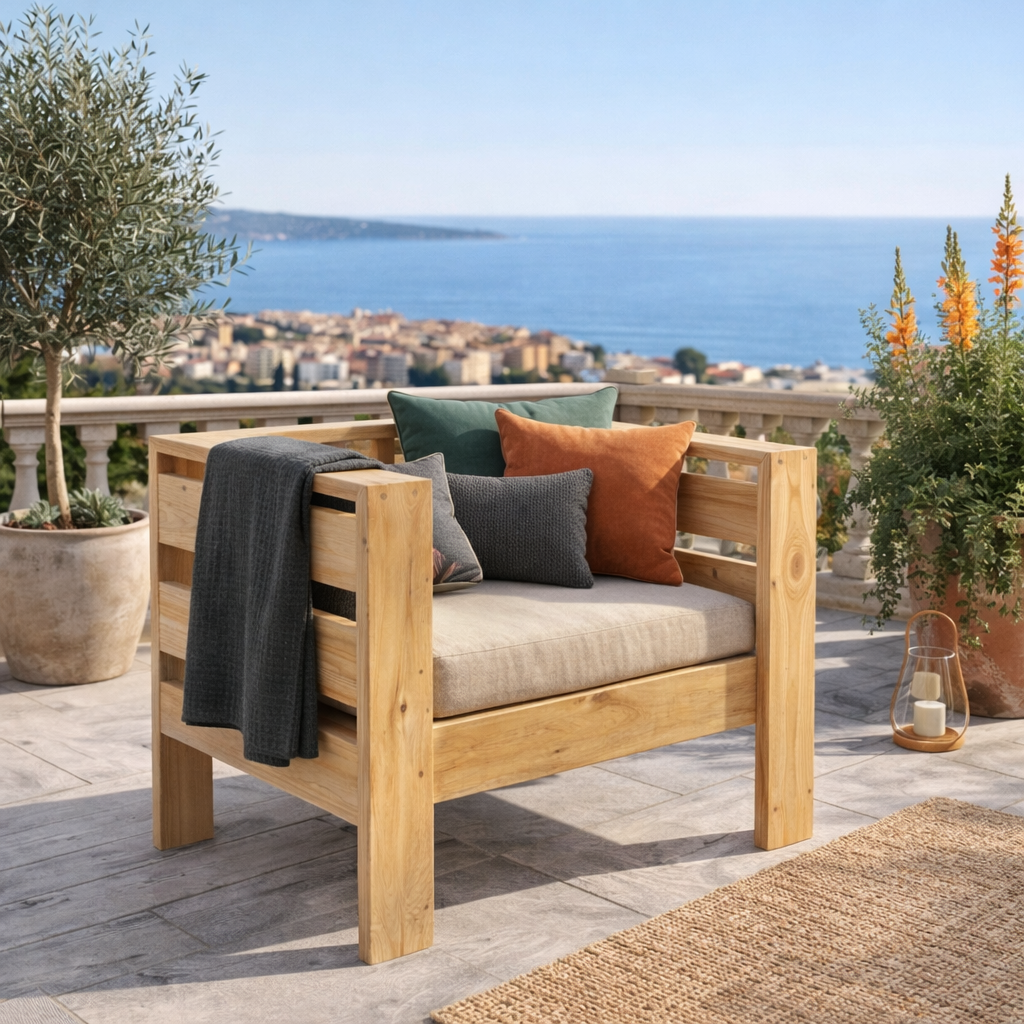 Sillón Terraza Madera de Pino Rústica 1 Cuerpo + Cojín de Asiento + Cojín de Respaldo