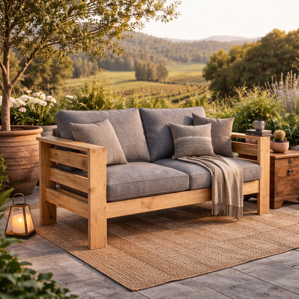 Sillón Terraza Madera de Pino Rústica 2 Cuerpos + Cojín de Asiento + Cojín de Respaldo