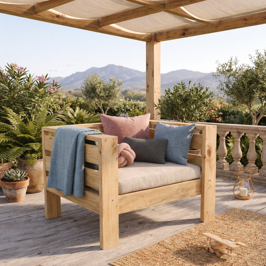 Sillón Terraza Madera de Pino Rústica 1 Cuerpo + Cojín de Asiento + Cojín de Respaldo