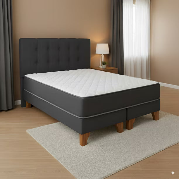 Cama 2 Plazas Completa | Base Europea con Patas de Madera + Colchón 25 cm