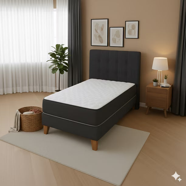 Cama 1,5 Plazas Base Europea + Colchón 25cm + Respaldo Tapizado