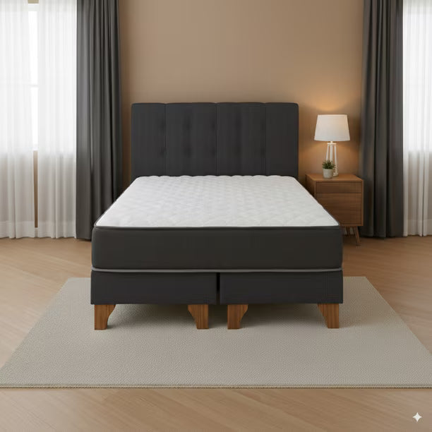 Cama 2 Plazas Completa | Base Europea con Patas de Madera + Colchón 25 cm