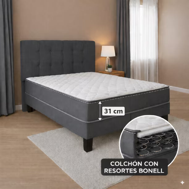 Cama 2 Plazas Base Europea + Colchón 31 cm Resortes Bonnell + Respaldo Tapizado