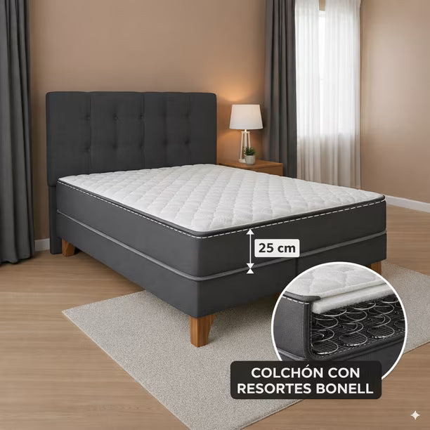 Cama 2 Plazas Completa | Base Europea con Patas de Madera + Colchón 25 cm