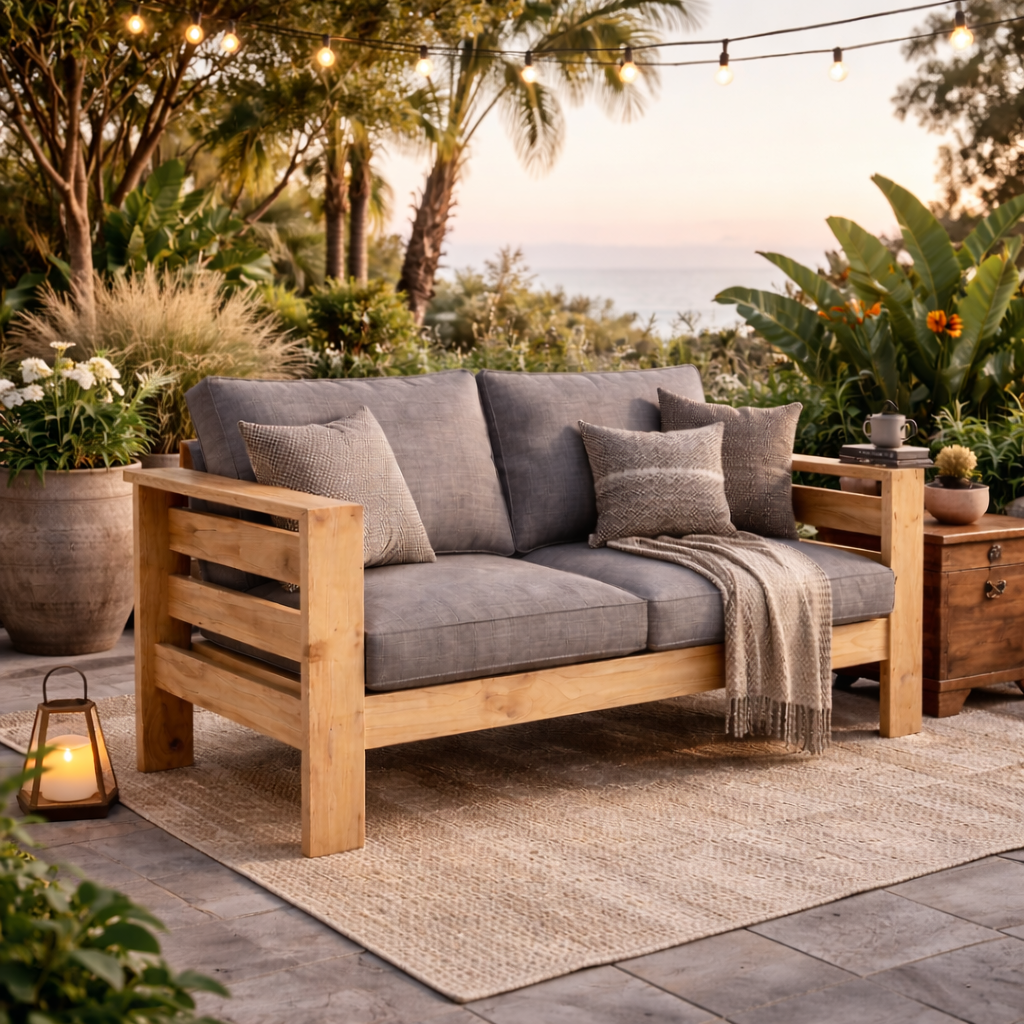 Sillón Terraza Madera de Pino Rústica 2 Cuerpos + Cojín de Asiento + Cojín de Respaldo