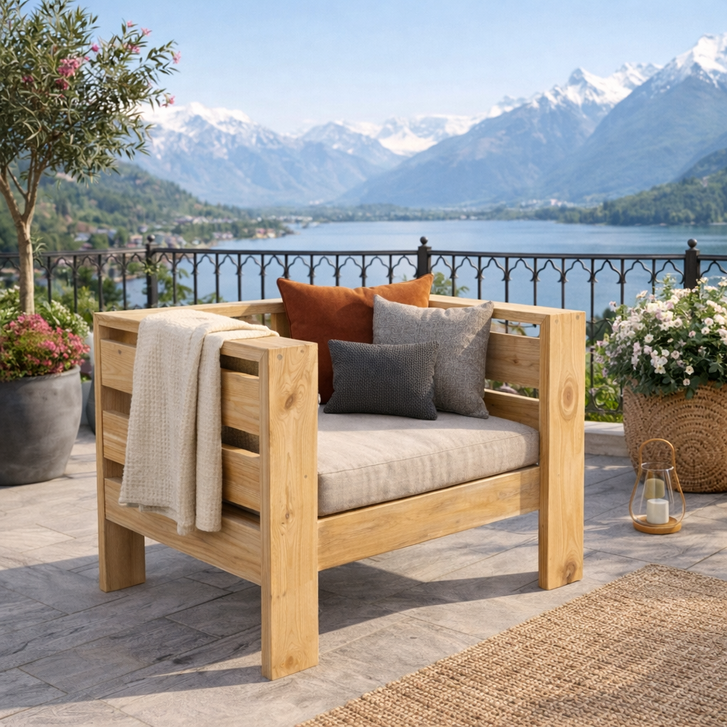 Sillón Terraza Madera de Pino Rústica 1 Cuerpo + Cojín de Asiento + Cojín de Respaldo